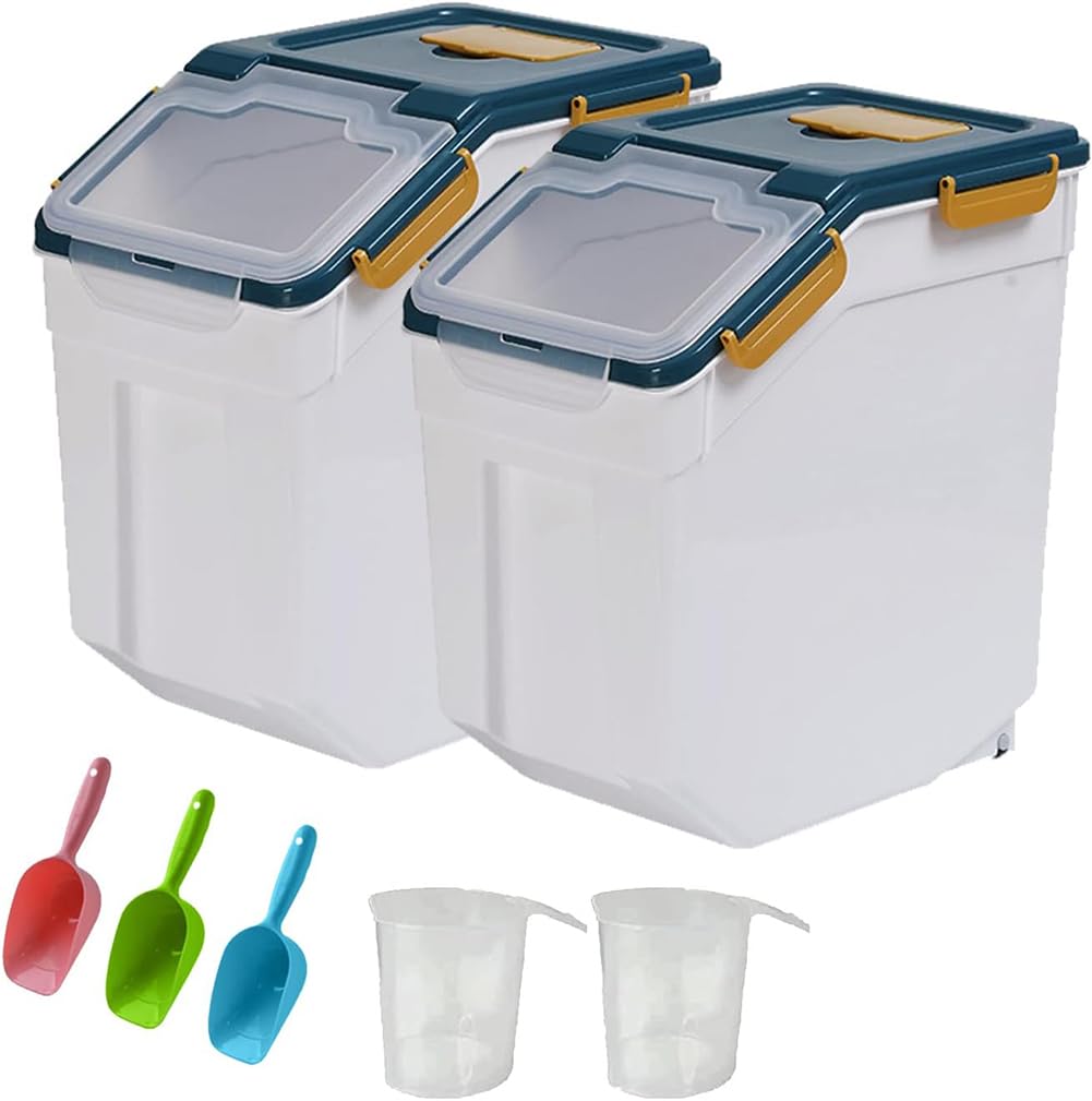 YXQ 25LB Large Flour Storage Container Bin ,2 Pack Airtight Plastic with Wheels Seal Locking Lid Dispenser Organizer Storage Bin