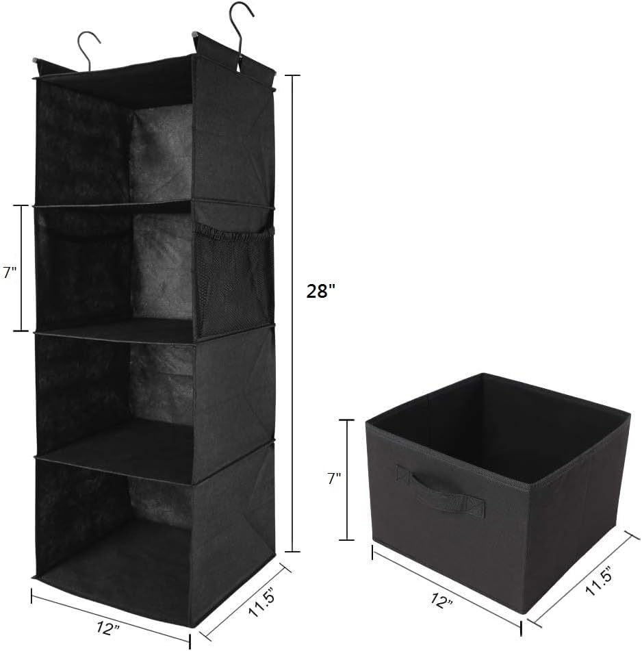 MAX Houser 4-Shelf Hanging Closet Organizer  Space Saver  Cloth Hanging Shelves with 2 Side Pockets  Foldable (Black)