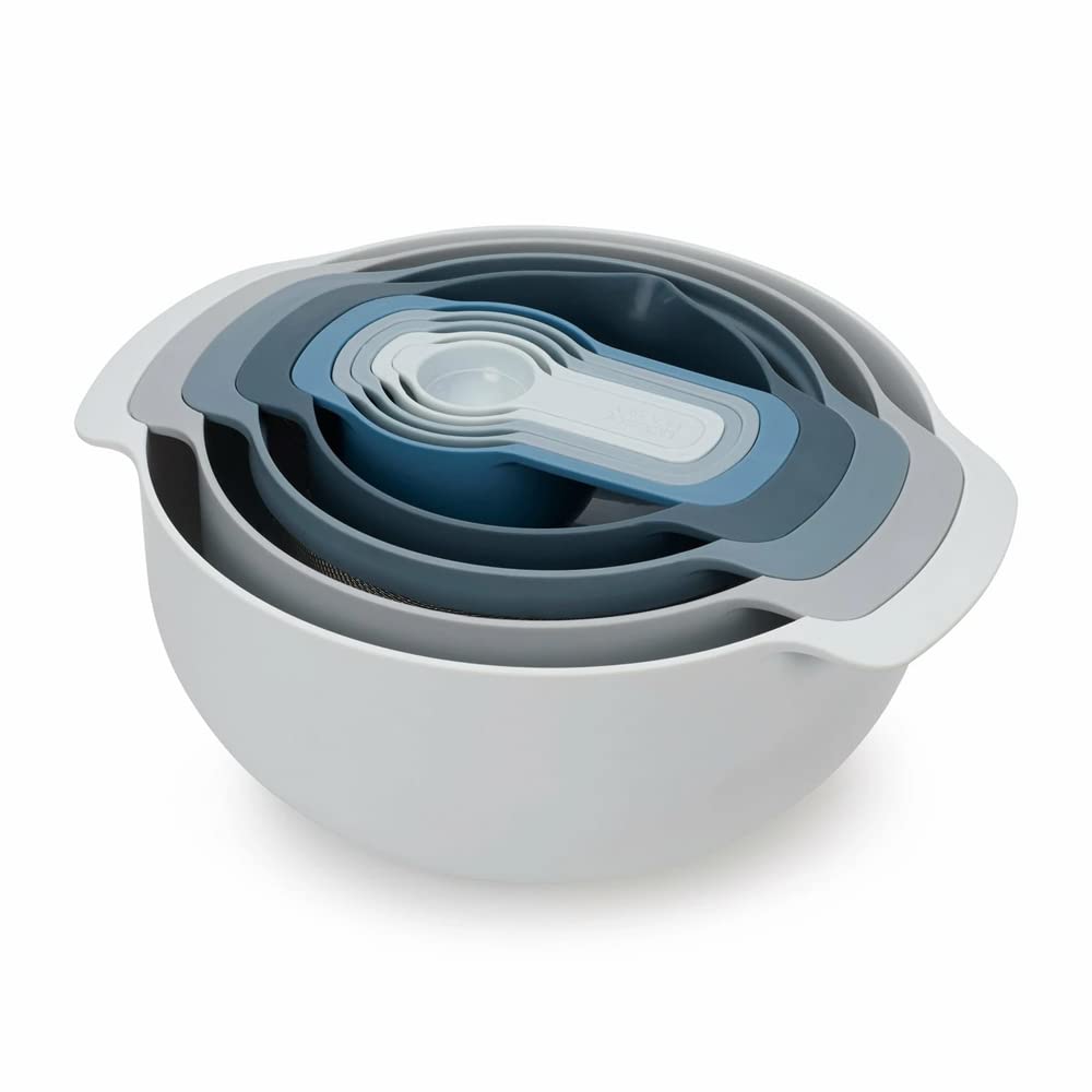 Joseph Joseph 9 Nesting Set With Mixing Bowls Measuring Cups Sieve Colander, 9-Piece, Sky,Blue