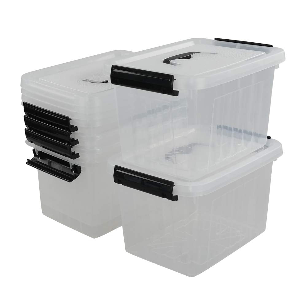 Easymanie 6 Quart Plastic Storage Bin With Black Handle, Clear Latching Boxes, Pack Of 6