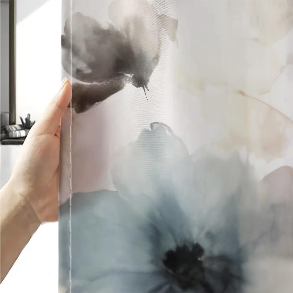 Sanzugh Boho Floral Camper Rv Shower Curtain For Travel Trailer Bathroom, Cream Tan Beige Blue Camping Small Fabric Shower Curta