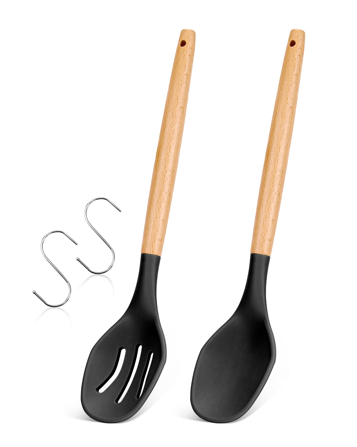 Large Silicone Cooking Spoons, 2 Pack Nonstick Solid And Slotted Wooden Handle Spoon Set, Heat Resistan Silicone Kitchen Spoons