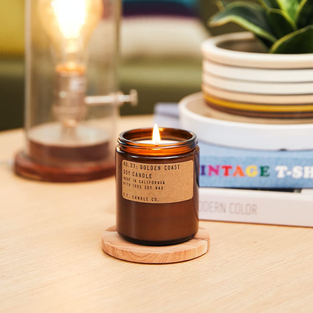 P.F. Candle Co. Golden Coast Classic Standard Scented Soy Wax Candle (7.2 oz) 40-50 Hour Burn Time, Cotton Wick, Amber Glass Jar