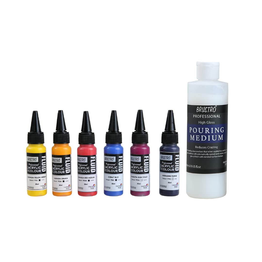 Brustro Professional Artists  Fluid Acrylic 20 Ml High Chroma Set Of 6 With Pouring Medium 200 Ml