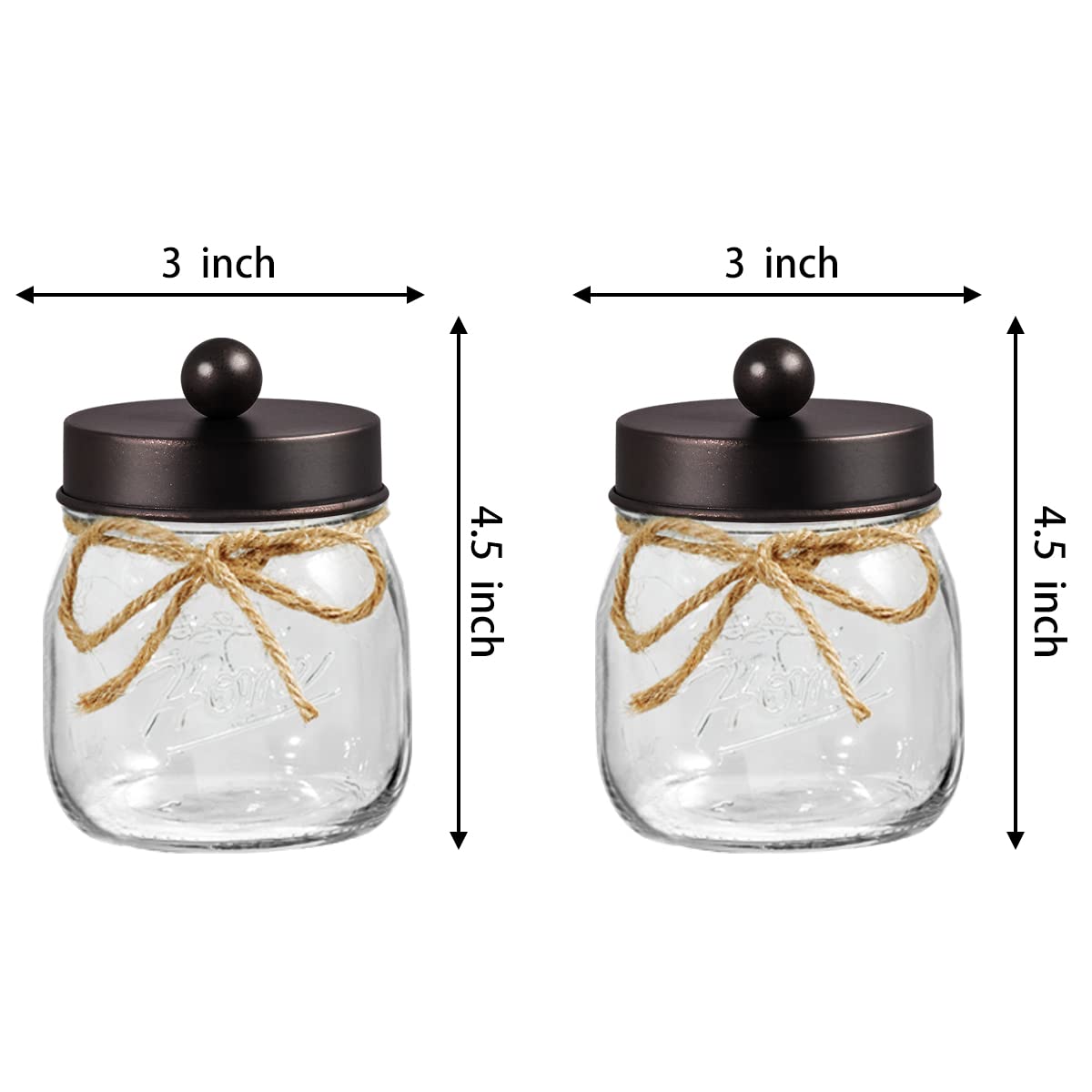 SheeChung Mason Jar Bathroom Apothecary Jars - Rustproof Stainless Steel Lid Farmhouse Decor Bathroom Vanity Storage Organizer Holder Glass for Cotton Swabs Rounds Ball Flossers(Bronze  2-Pack)