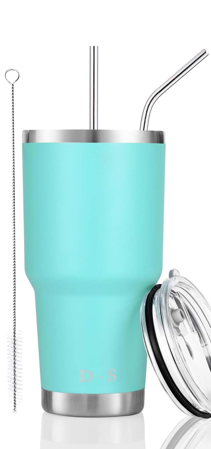 DS 30oz Mint Tumbler Stainless Steel Double Wall Vacuum Insulated Mug with Straw and Lid, Cleaning Brush for Cold and Hot Bevera