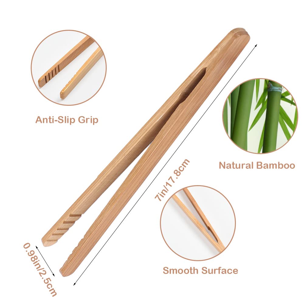 Bamboo Toast Tongs, 7 Inches Mini Wood Cooking Tong With Anti-Slip Design Great For Serving Food/Toaster/Bread & Pickles/Sugar/B
