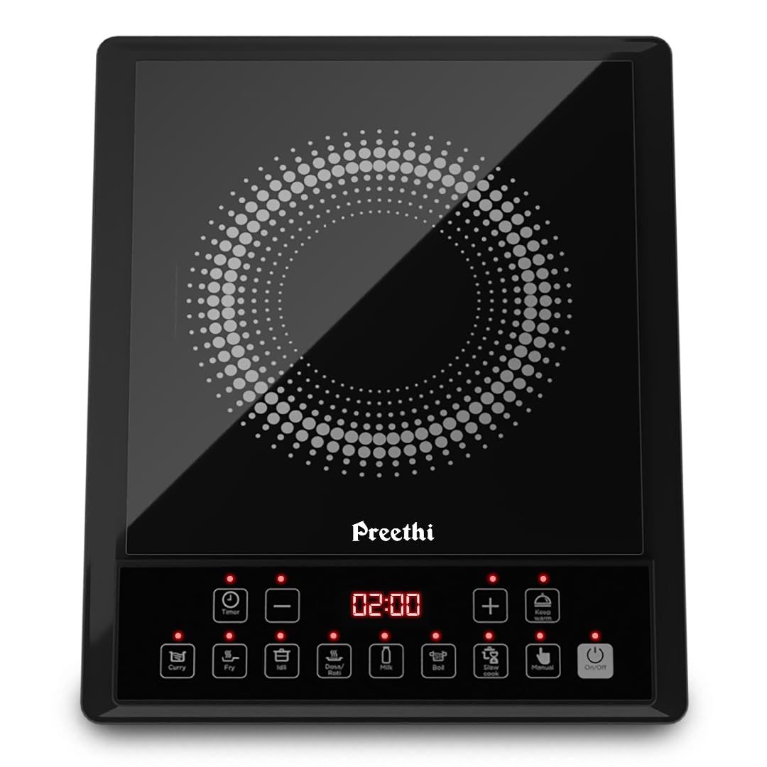 Preethi Indicook Ic124 Induction Cooktop, 2100Watt Electric Stove With Soft Touch Buttons And Crystal Glass (Black)