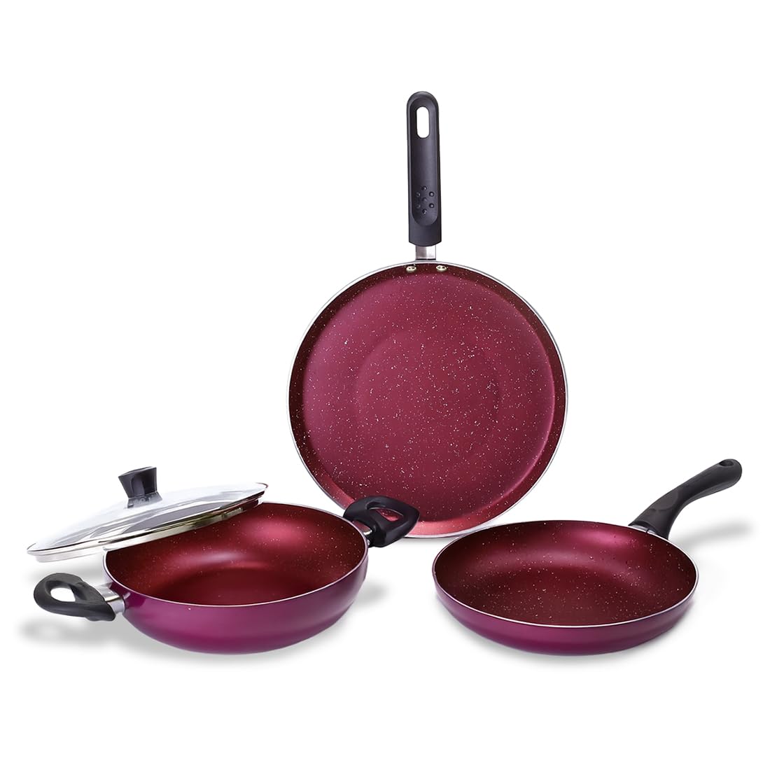 Wonderchef Bandhan NonStick Cookware 4 Pc. Set | Fry Pan, Dosa Tawa, Kadhai With Glass Lid | Healthy, Low Oil Meals | ScratchR