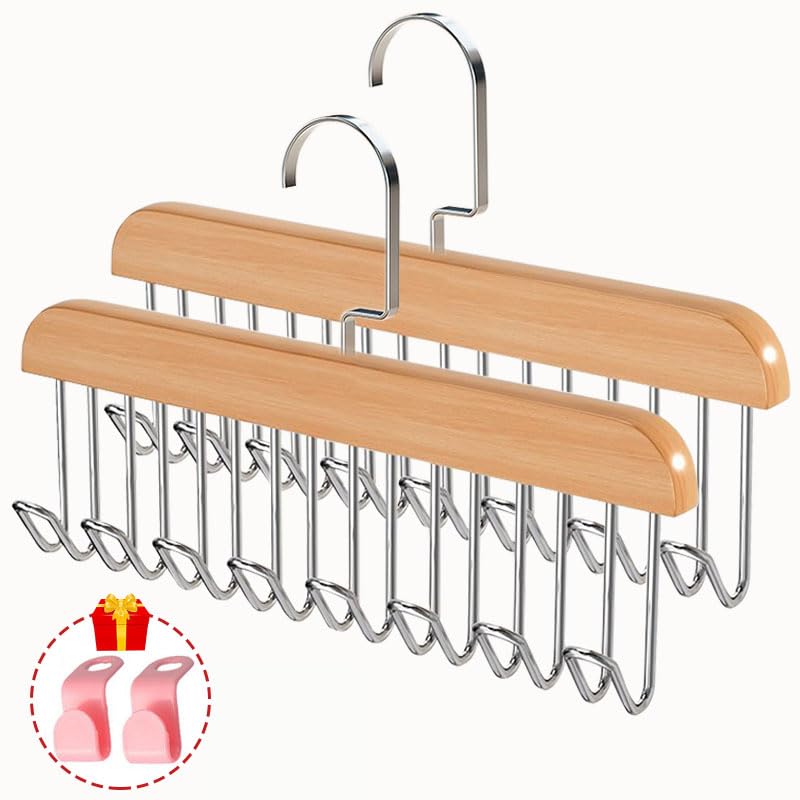 Plowatxi Belt Hanger For Closet 2 Pack Belt Hanger With 16 Hooks, Sturdy Wooden Non-Slip Belt Holder For Closet Space Saving Bel