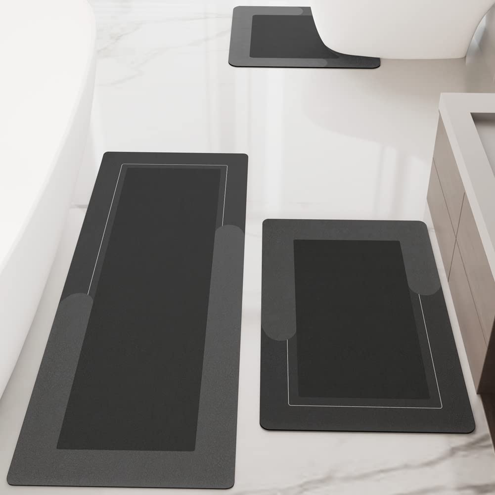 Hellotree 3Pcs Bath Mat Rug Rubber Non Slip Quick Dry Rug Sets Super Absorbent Thin Bathroom Rugs Fit Under Door Dark Grey Washa