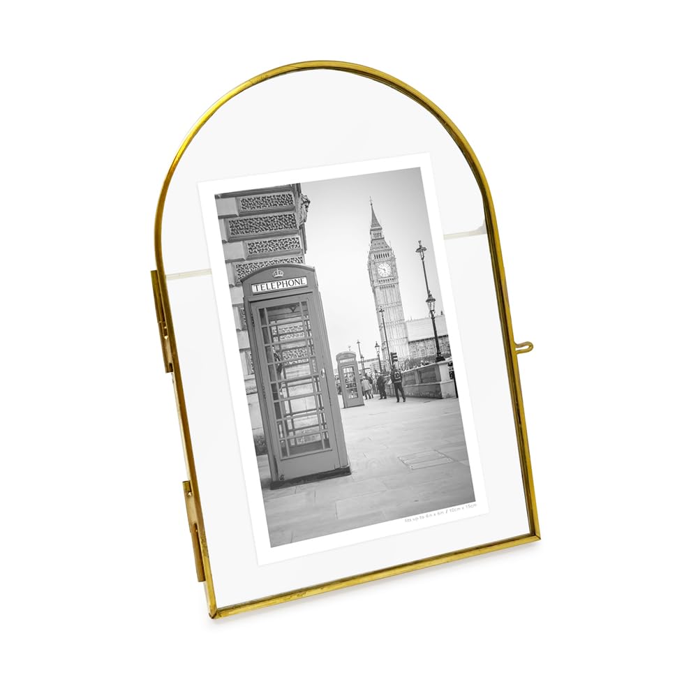 Isaac Jacobs 4x6 Vintage Style, Arched Brass & Glass Metal Floating Picture Frame with Locket Closure (Vertical), Made for Table