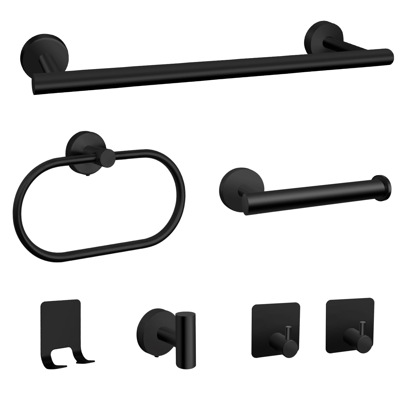 7 Pcs Bathroom Hardware Set, Matte Black Stainless Steel Bathroom Tower Rack Set Wall Mounted Includes 16'' Towel Bar, Toilet To