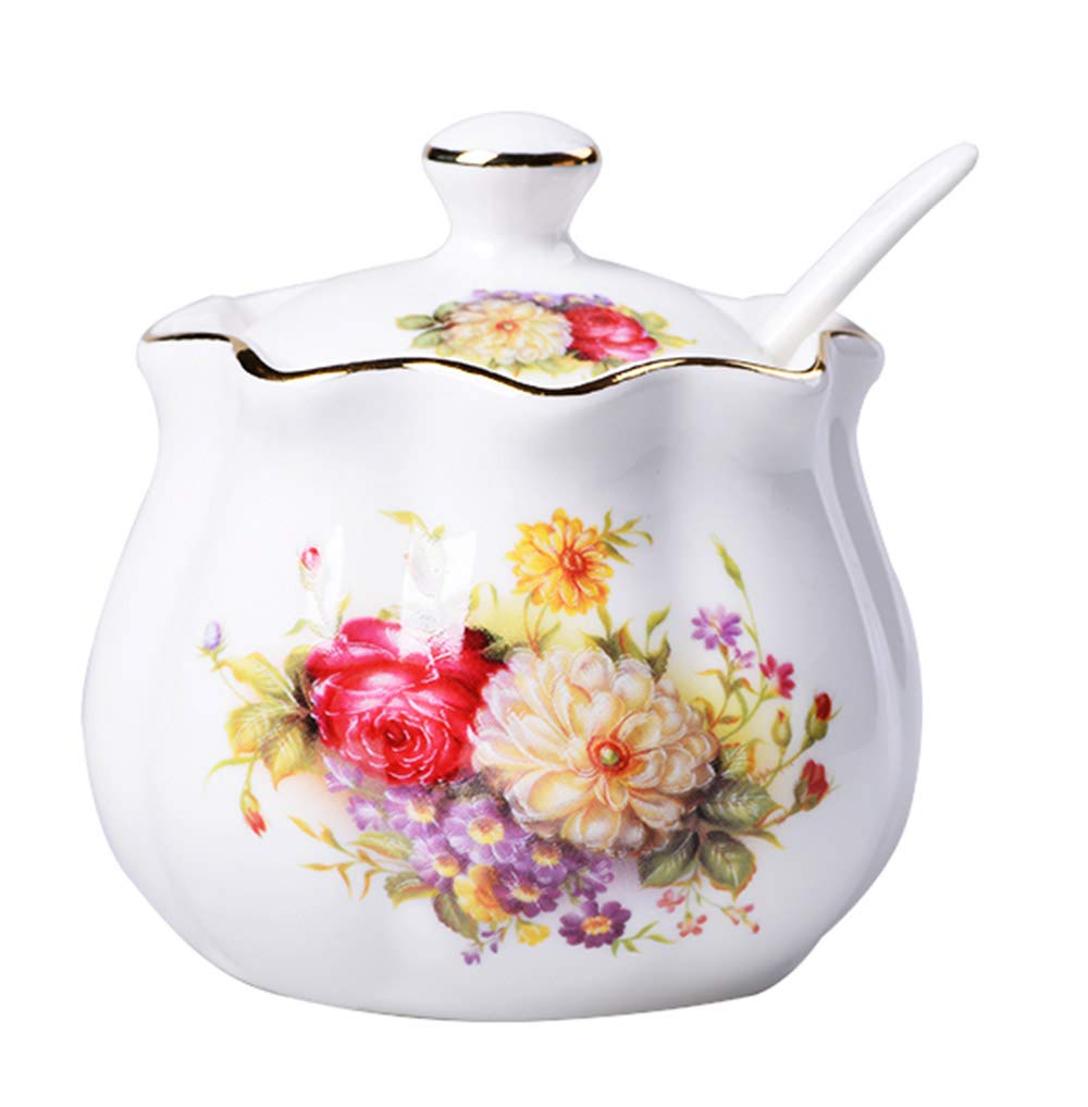Mozacona Ceramics Retro Flower Sugar Bowl Spice Jar Storage Seasoning Pot With Lid Spoon