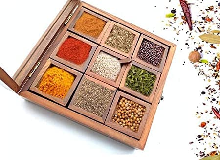 Anaya Afroz Shesham Wood Spice Box For Kitchen Indian Wood Container With Lid Decorative Masala Dabba Organizer Handmade Spice 