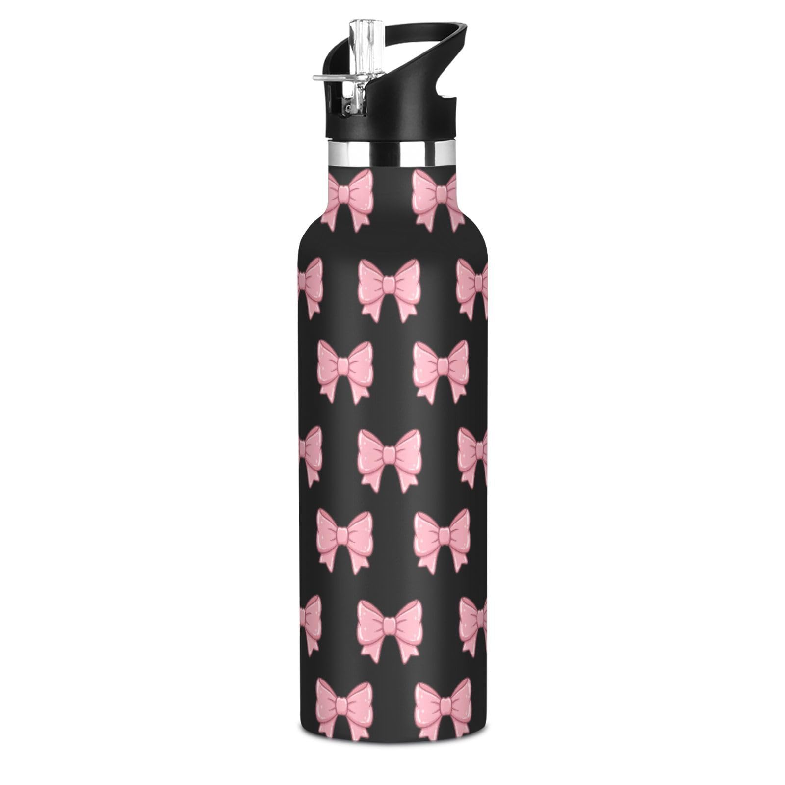 ATTX Pink Black Bows Water Bottle with Straw Lid, 20oz Stainless Steel Cup Insulated Tumbler for Travel, Outdoors