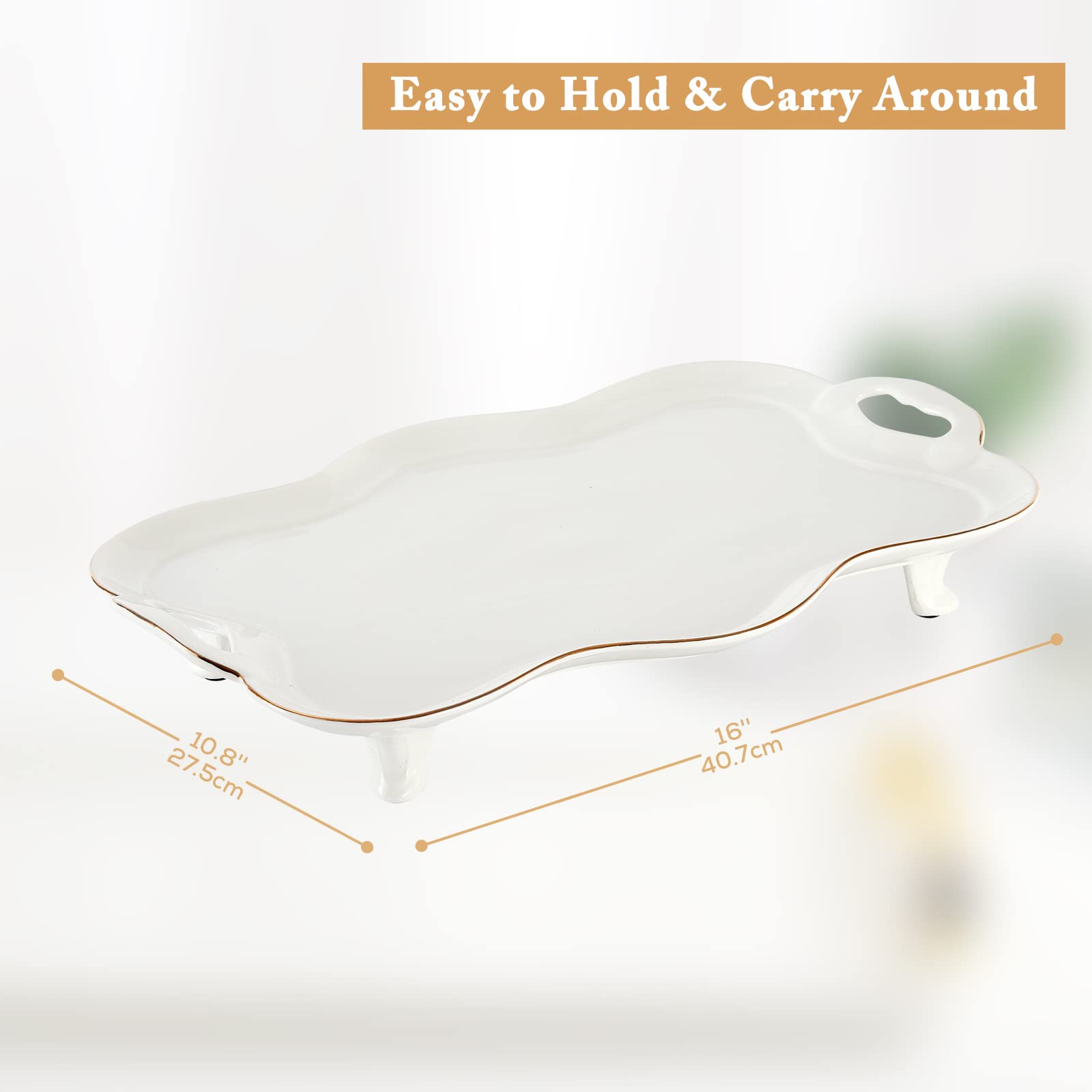 Dujust Porcelain Serving Tray With Handles, Luxury British Style Coffee Table Tray With Golden Rim, Beautiful Tea Tray Decor For