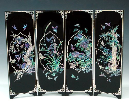 Mother of Pearl Inlay Art Orchid, Chrysanthemum, Bamboo and Plum Flower Design Decorative Black Wood Mini Folding Screen Wall Pl