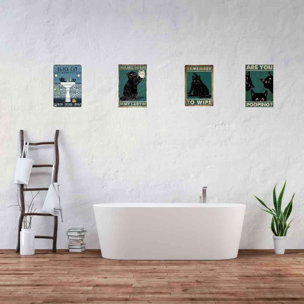 4Pc Funny Cat Metal Tin Signs Posters For Bathroom Restroom | Fun Toilet Bathrooms Wall Decor Sign Door Poster | Are You Pooping