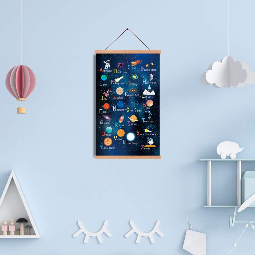 KAIRNE Outer Space Room Decor With Wood Magnetic Poster Hanger Framed ABC Alphabet Space Posters(28X45CM) Space Galaxy Themed Pictures For Boys Room Kids Space Room Nursery Classroom Decor