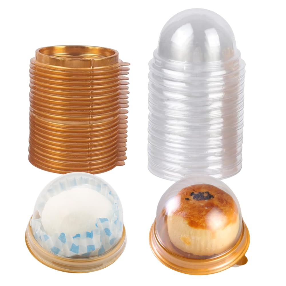 Hewnda 50 Pack 2 Inch Clear Plastic Mini Cake Box Muffins Box Cookies Cookies Muffins Dome Box Wedding Birthday Gift Box(Gold)