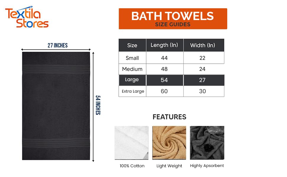 Textila 100% Cotton Large Bath Towels - 27X54 (4-Pack, Black) - Highly Absorbent, Super Soft, And Luxurious For Bathroom, Pool,