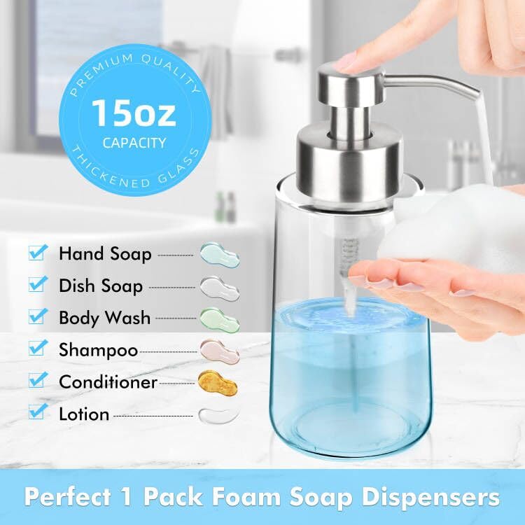 Glubee Foaming Soap Dispenser, 15 Oz Glass Hand Soap Dispenser With Rust Proof Stainless Steel Pump, Refillable Clear Foam Soap