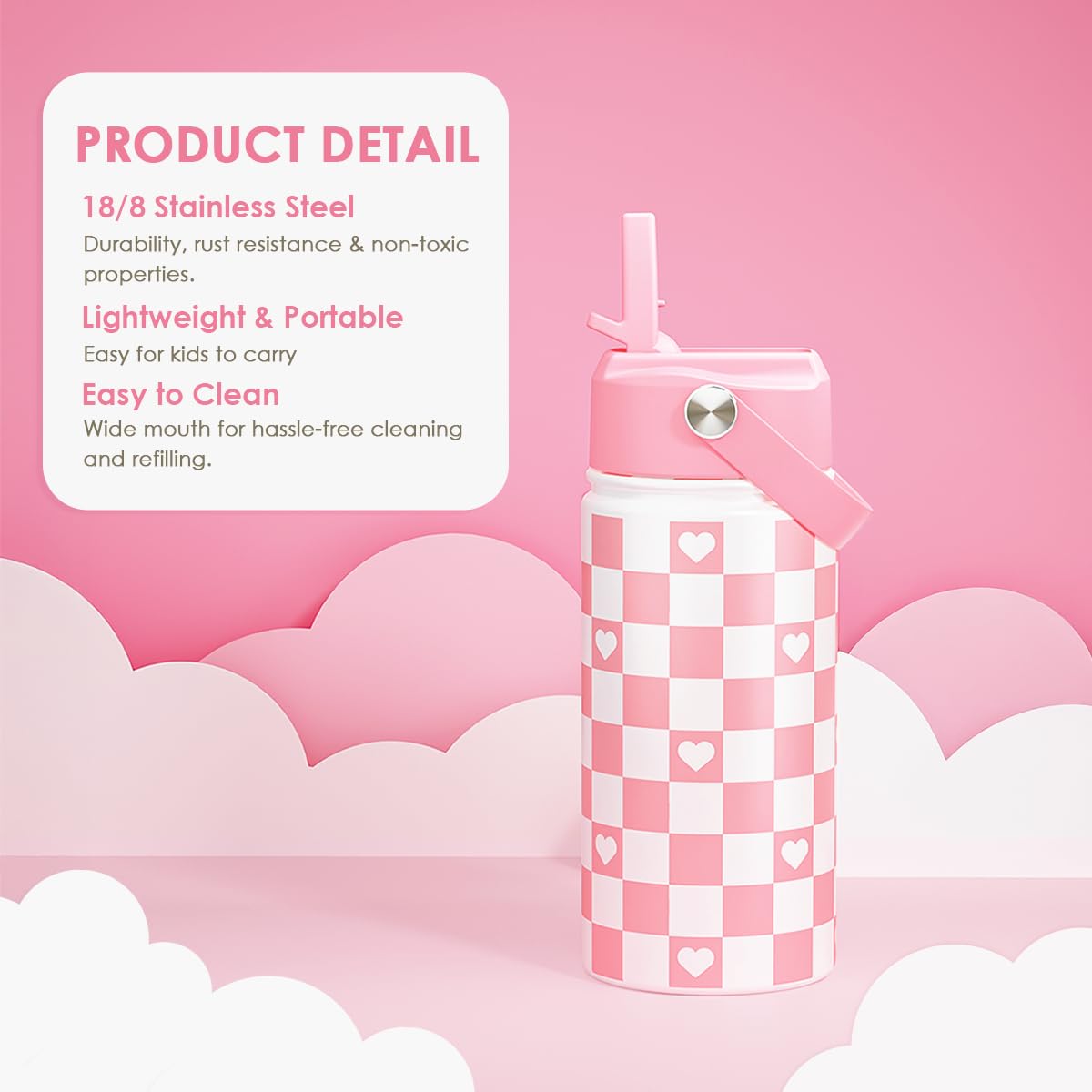 Checker Print Kids Water Bottle With Straw Lid 12oz Insulated Stainless Steel, Travel Tumbler, Pink Bow Gifts For Girls, Birthda