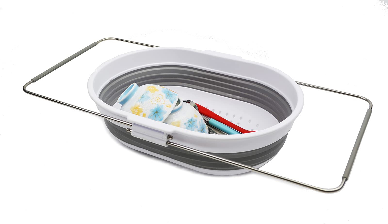 Sammart 5L (1.3 Gallon) Expandable & Collapsible Over The Sink Rectangular Colander (1, White/Grey)