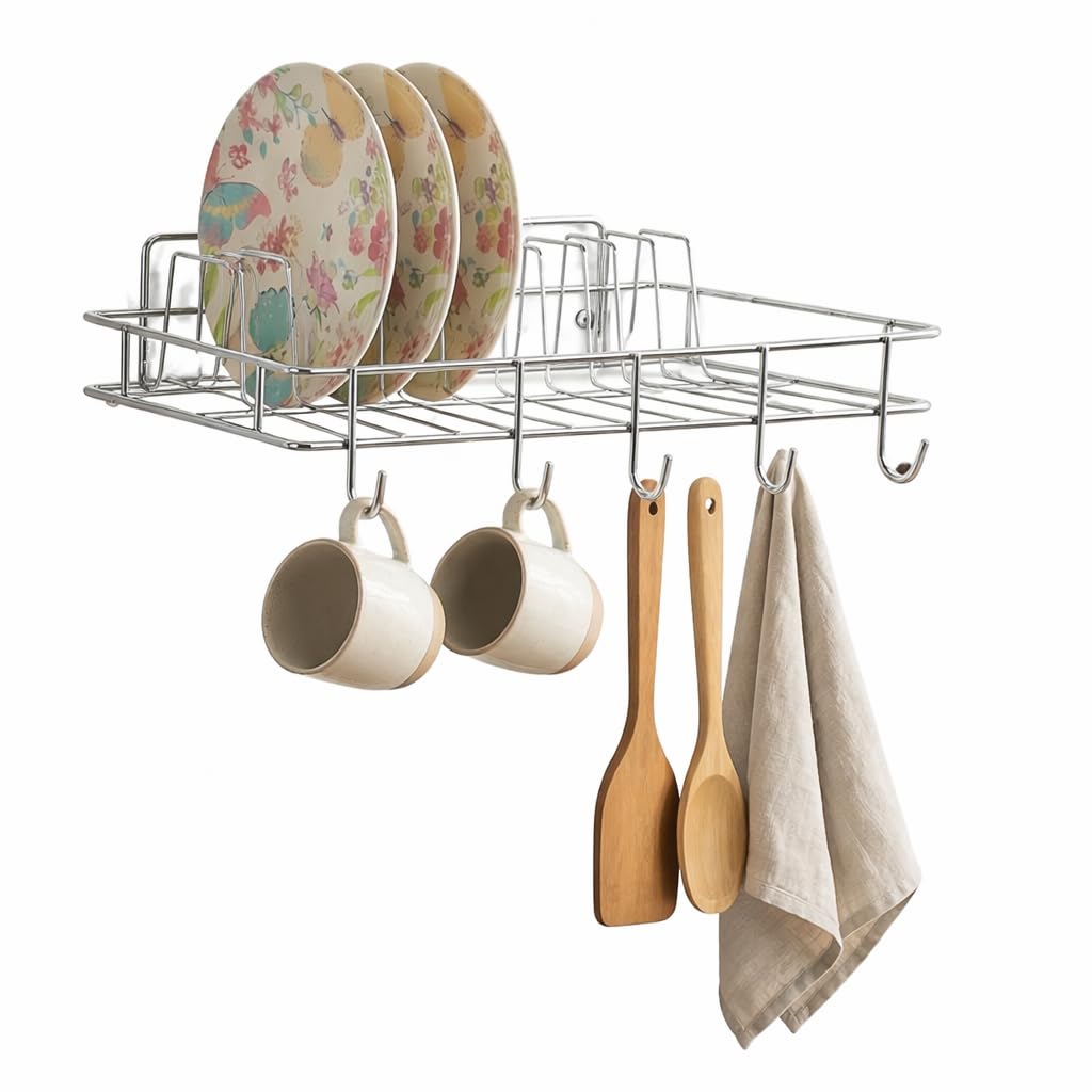 Gm90 Collection Wall Hanging Stainless Steel Cup & Saucer Holder, Plate Organizer Space Kitchen Saving Rack Utensil Kitchen Rack
