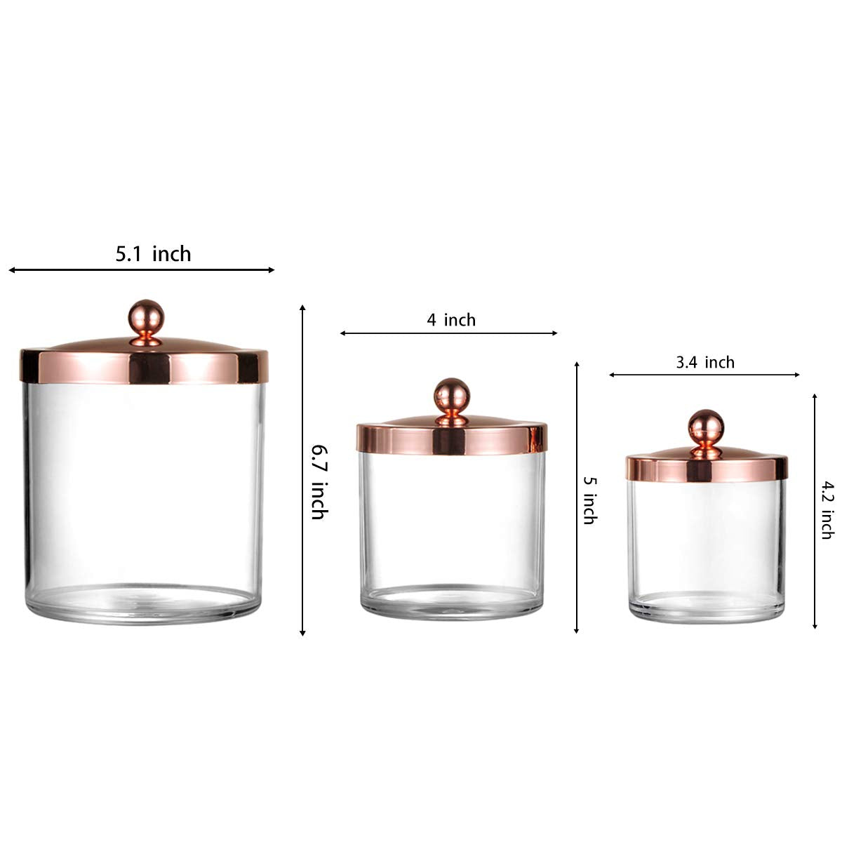 Premium Quality Apothecary Jars - Clear Plastic Storage Jars with Rust Proof Stainless Steel Lids - Bathroom Vanity Countertop Storage Organizer Canister Holder House Decor | Set of 3 (Rose gold)