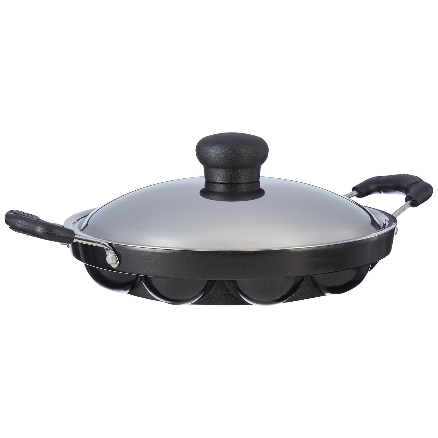 Amazon Brand - Solimo Die Cast Aluminium Nonstick Appam Patra/Paniyarakkal With Ss Lid 12 Cup With Side Handle, Black