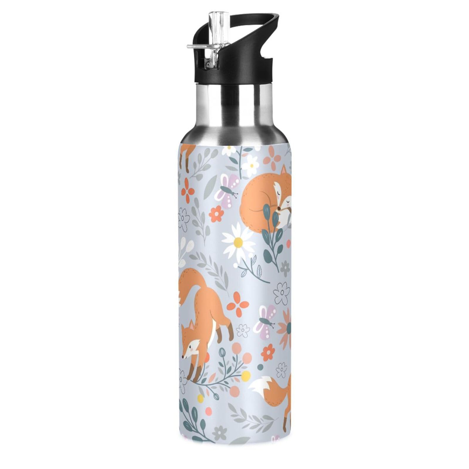 Fox Water Bottle Kids Fox Bottle with Straw Lid Cute Forest Animals Leakproof Insulated Stainless Steel Water Flask for Sport Gy