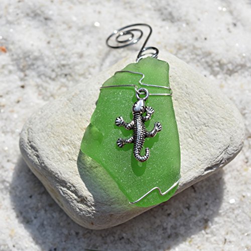 Genuine Green Sea Glass Ornament with a Lizard Charm - Made to Order
