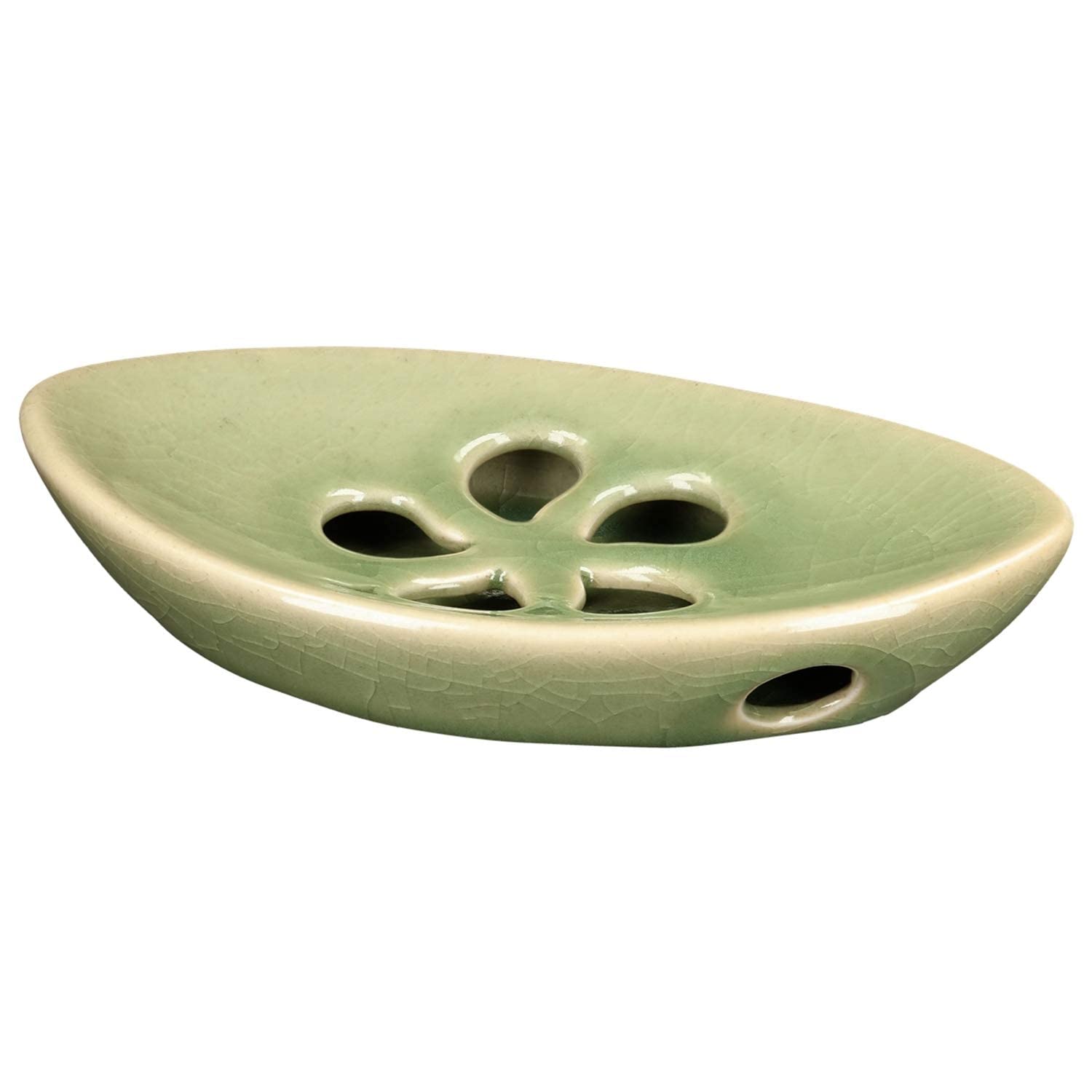 Lungmongkol Shop Ceramic Soap Dish With Self Draining Tray For Bar Soap, Bathroom, Kitchen (Green No.1)