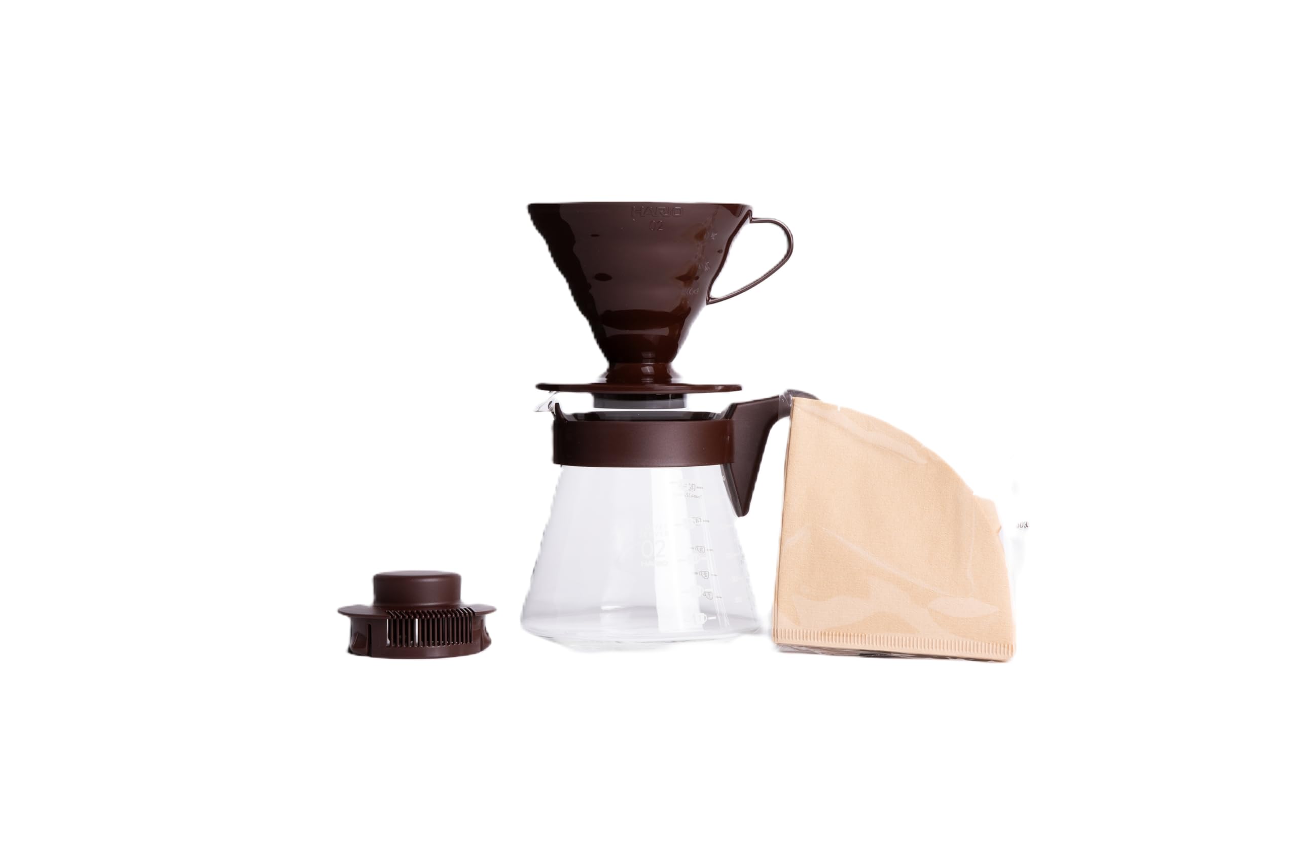 Hario V60 Pour Over Starter Set With Dripper, Glass Server, Scoop And Filters, Size 02, Brown