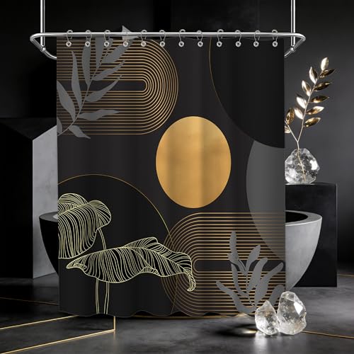 Keeuy Black And Gold Shower Curtain Mid Century Modern Dark Boho Shower Curtains For Bathroom Decor Mcm Mens Cool Bath Curtain S