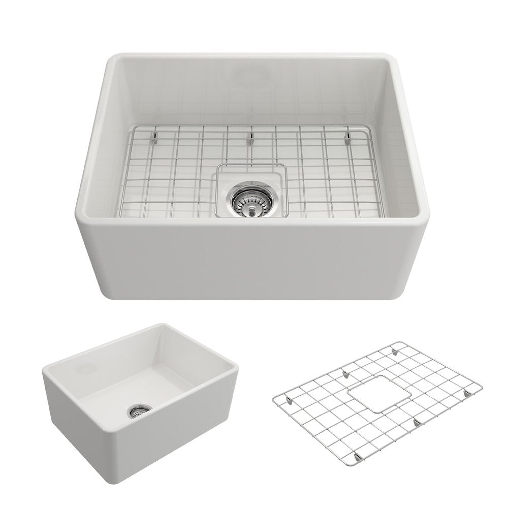 Bocchi Classico Farmhouse Apron Front Fireclay 24 In. Single Bowl Kitchen Sink With Protective Bottom Grid And Strainer In White