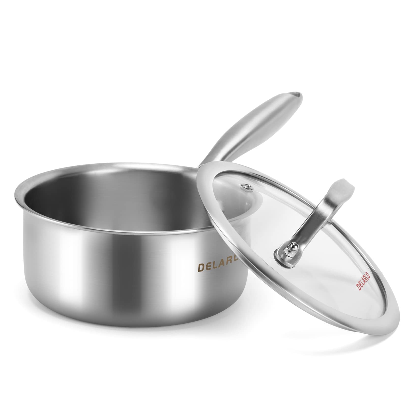 Delarlo Whole Body Tri-Ply Stainless Steel Induction Cooking Small Saucepan With Lid,Heavy Bottom Milk Pan,Dishwasher Safe & Ove