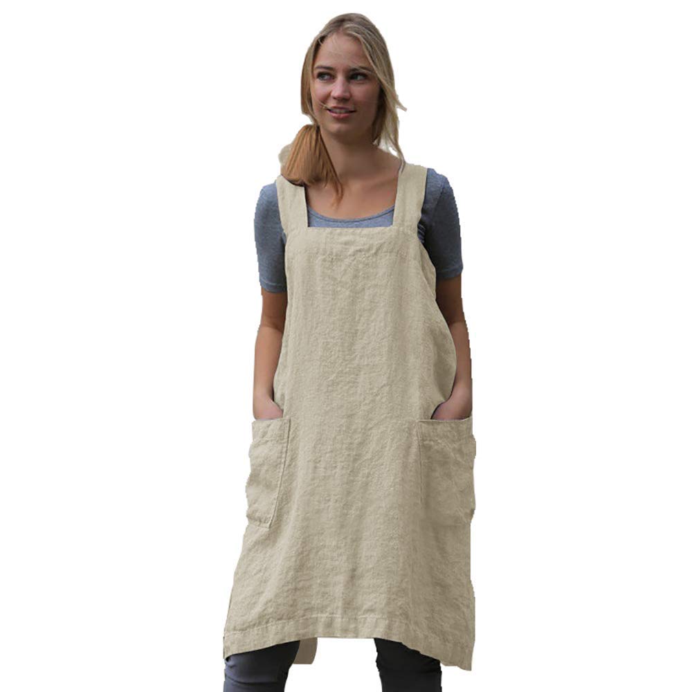 Women 'S Pinafore Square Apron Baking Cooking Gardening Works Cross Back Cotton/Linen Blend Dress With 2 Pockets Apricot-S