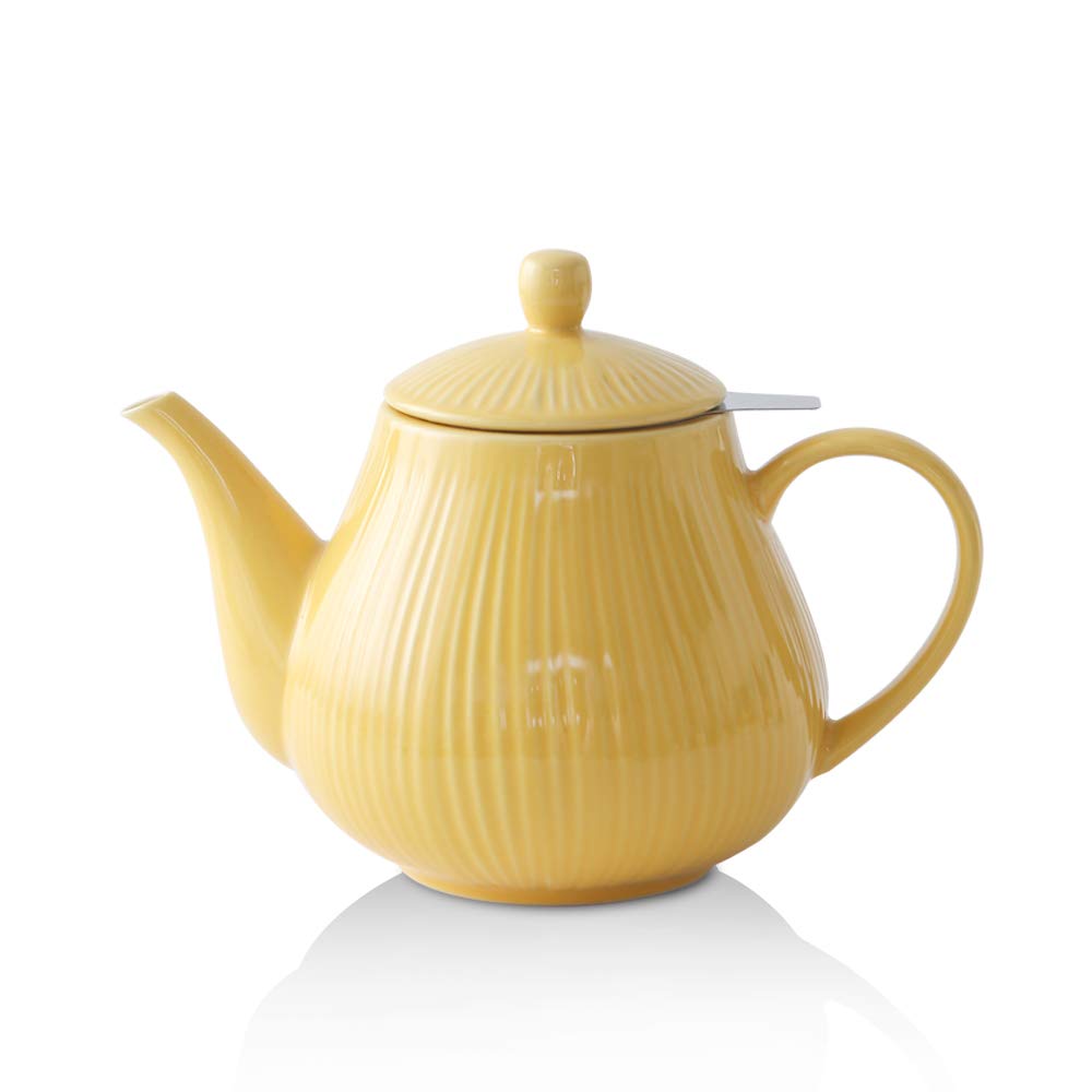Koov Ceramic Teapot With Infuser, 40 Ounce Tea Pot With Infuser For Loose Tea, Large Enough For 6 Cups, Striped Series (Lemon)