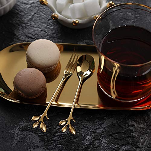 Gold Leaf Espresso Coffee Spoon Appetizer Dessert Fork Ice-Cream Tea Sugar Spoon Fruit Cake Fork Stainless Steel 4.7 Inches Mini