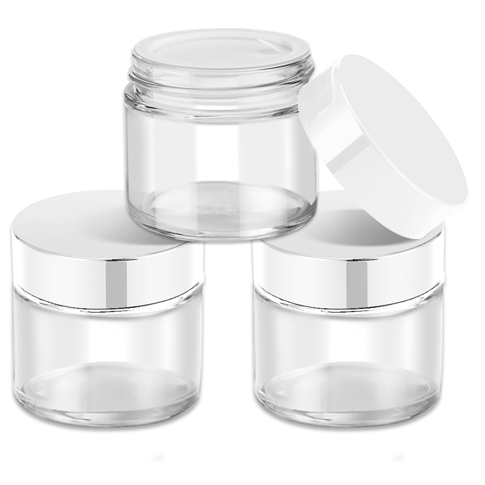 2 Oz Glass Jars With Lids, Bumobum 3 Pack Clear Small Jar With White Lids, Blank Labels & Inner Liners, 60 Ml Empty Round Cosmet