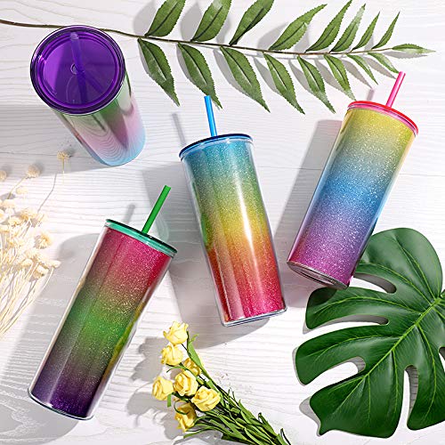 Home Tune Rainbow Tumbler With Straw, Sand Flow Glitter Double Wall Acrylic Cup Tumbler, 21 Oz / 640Ml (Blue)