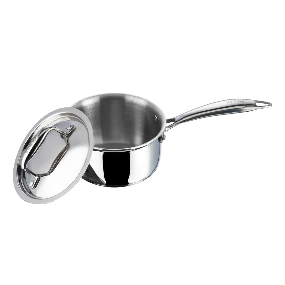 Vinod Platinum Triply Stainless Steel Saucepan With Lid - 1.2 Litres (14 Cm) | 2.5 Mm Thick | Tea, Chai Pan | 5 Year Warranty |