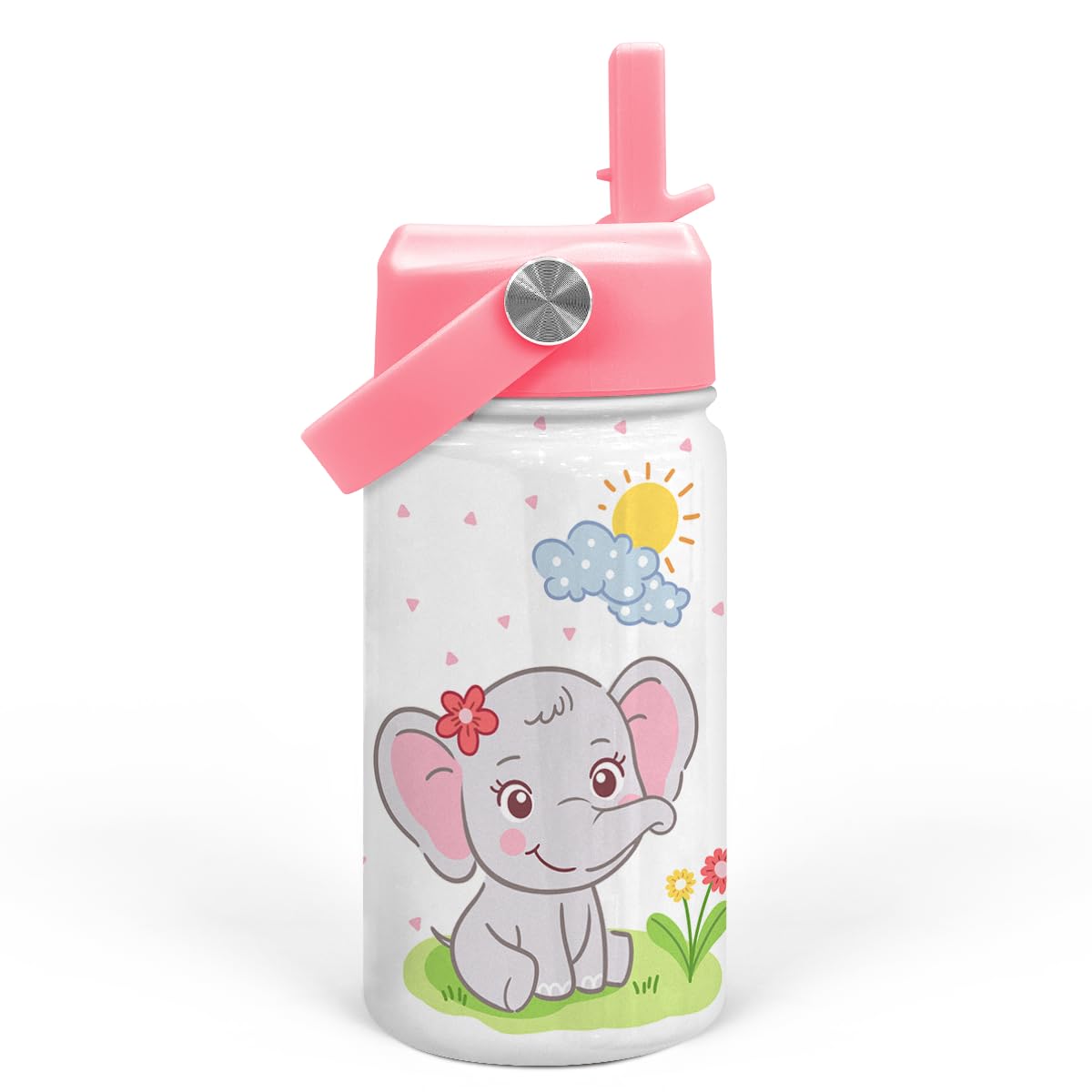 Elephant Water Bottle - Kids Water Bottle with Straw Lid - 12 Oz Insulated Stainless Steel Water Bottles for Kid Girl - Travel C