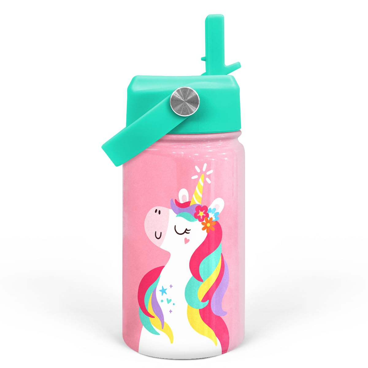 SANDJEST Unicorn Water Bottle - Kids Water Bottle with Straw Lid - 12 Oz Insulated Stainless Steel Water Bottles for Kid Girls -