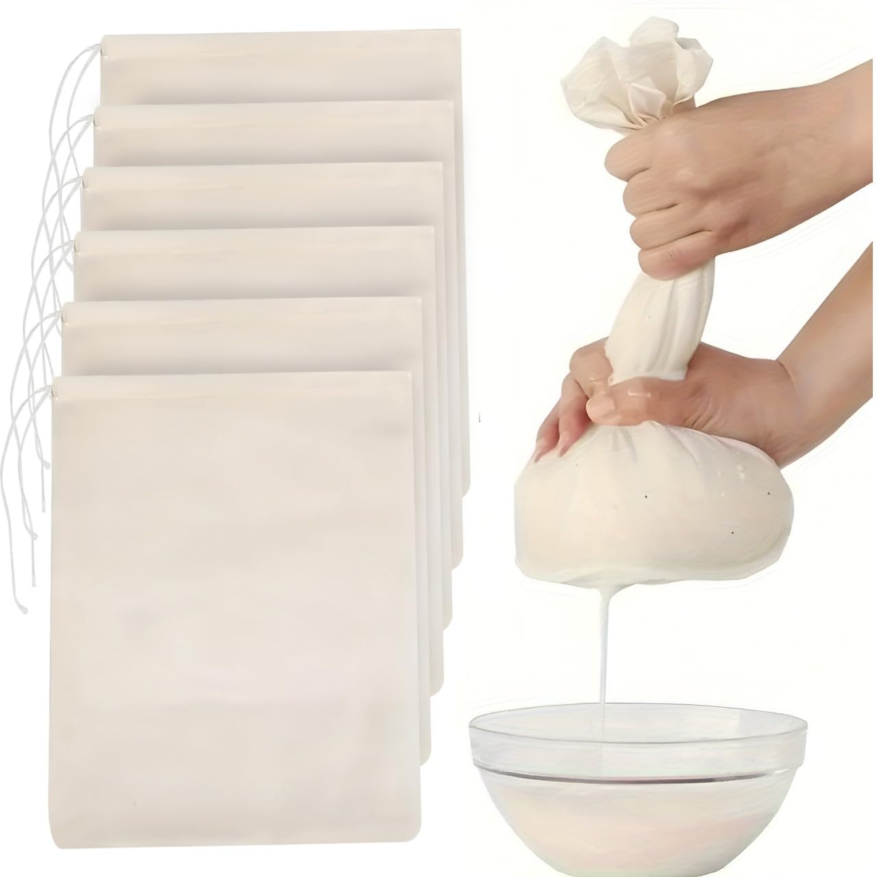 Freshdcart Muslin Cloth For Hung Curd | Pack Of 6 Cotton Muslin Cloth Bag For Paneer, Curd, Sprouts, Juice, And Nut Milk Bags | 