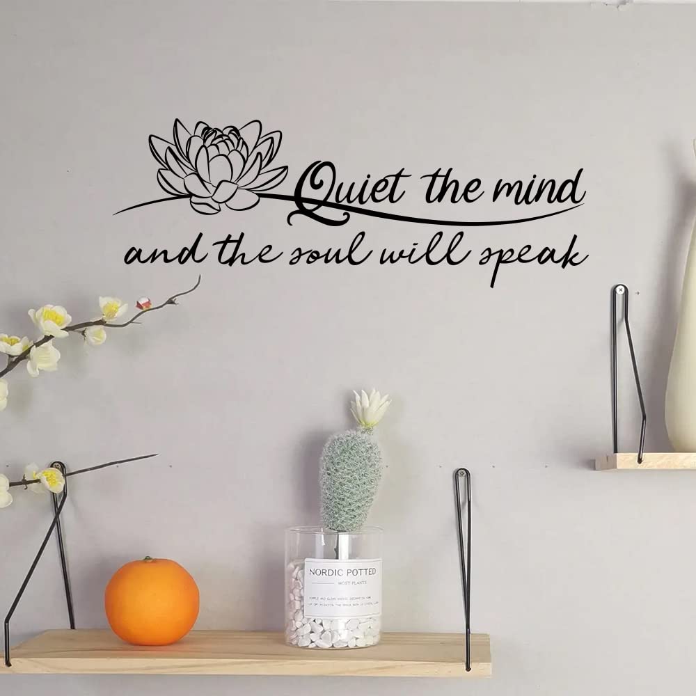 Quiet The Mind And The Soul Will Speak Lotus - Pure Black Vinyl Wall Decal Without Transparent Edge Art Letters Meditation Quote