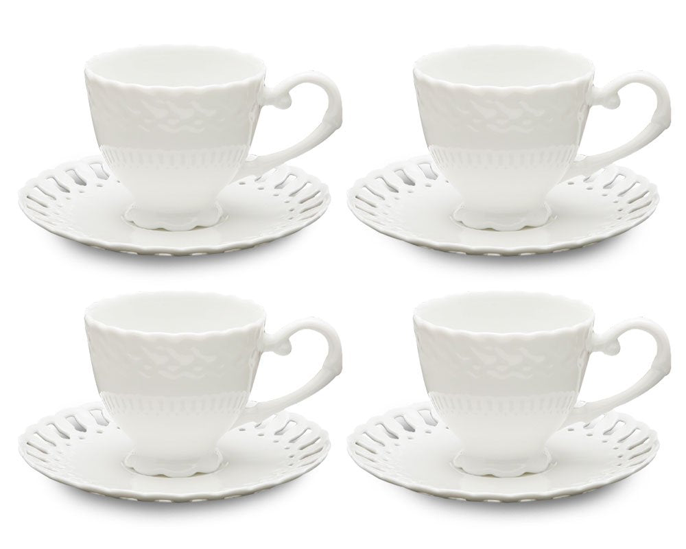 Gracie China, Heirloom Collection, 8-Ounce Cup And Saucer, White Fine Pierced Porcelain, Set Of 4